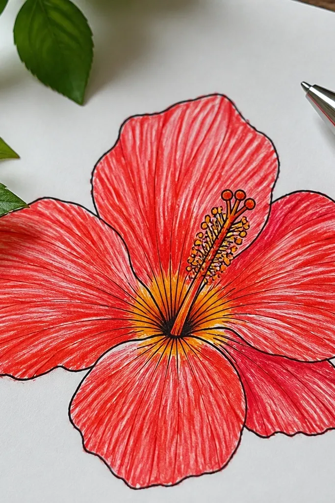 Sharp ink outlines form a hibiscus with five big petals. The petals are filled with light red marker, then red gel pen highlights streak across each petal. The center has a yellow-orange throat with thin black-brown stamen lines.