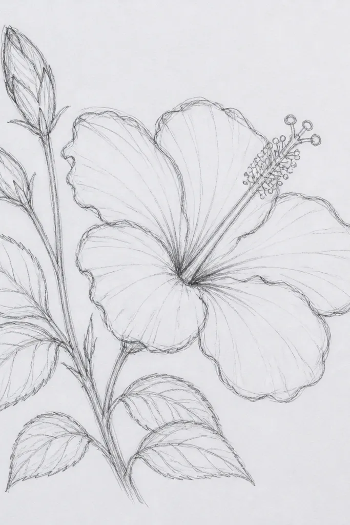 A main red hibiscus facing forward, with two smaller buds on either side. Leaves are drawn in muted green with thin veins. The petals have darker fold shading and a yellow-orange center.