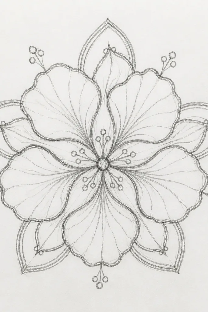 A hibiscus in the center with long petal spokes radiating outward like a mandala. The red petals form a flower within a flower, and the outer ring has repeating small petal shapes. The center throat is yellow-orange with darker orange dots.