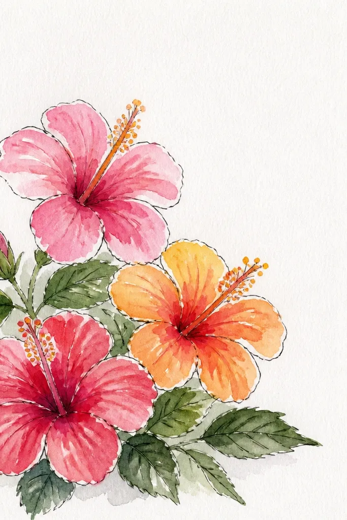 Three small red hibiscus flowers tucked into the top-right corner of a page. Each flower is about the size of a coin, with simple petal outlines and a yellow-orange center. Small leaves and a thin branch connect them.