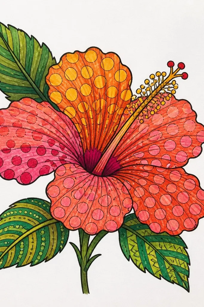 A red hibiscus where some petals have tiny dot patterns and short curved line patterns near the folds. The main petals are red with darker red polka dots on the inner half. The center throat is yellow-orange with small speckles.