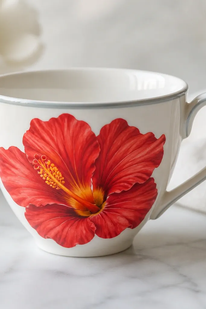 A red hibiscus flower drawn inside a teacup shape. The cup rim is outlined with light gray-blue, with faint reflections. The hibiscus petals are red with darker fold shading, and the center throat is yellow-orange.