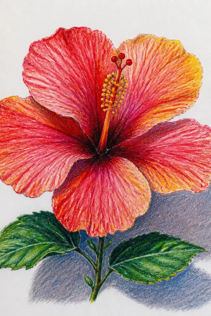 A hibiscus bloom with a strong cast shadow behind it on the paper. Petals are red with darker fold shading, and the shadow is a soft gray-red shape. The center throat is yellow-orange with crisp stamen lines.
