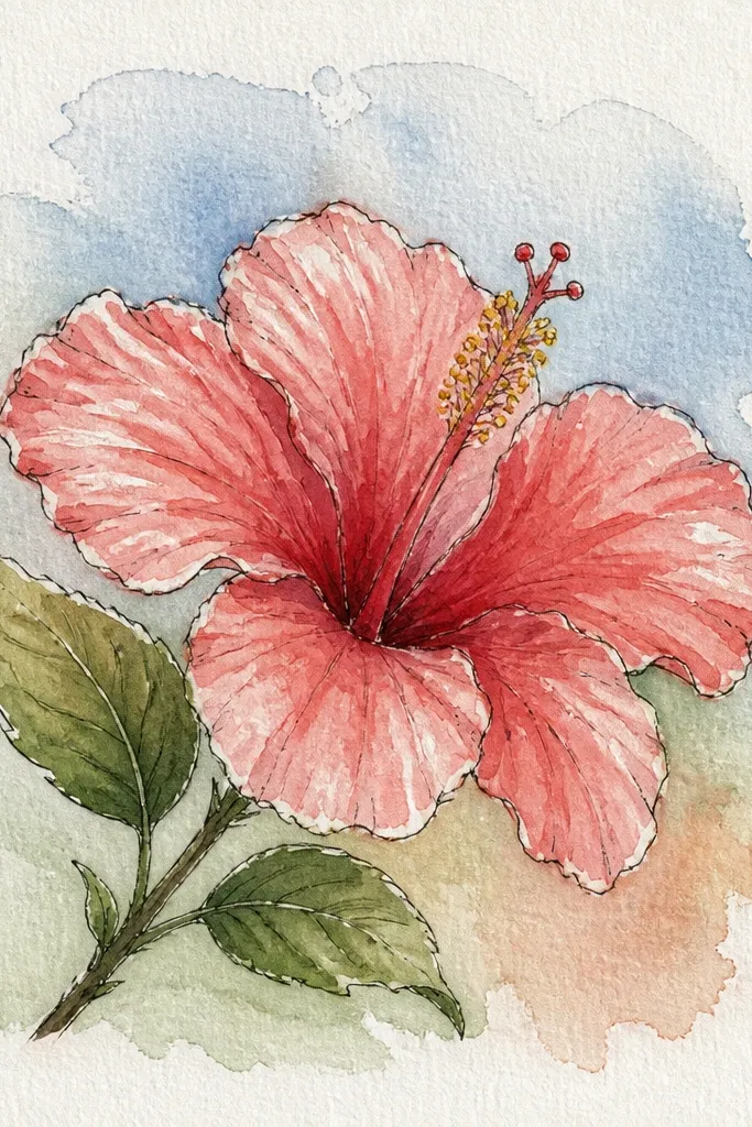 A red hibiscus centered on a page with a soft watercolor background gradient. The background fades from pale peach near the bottom to light pink near the top. Petals are red with darker folds, and the throat is yellow-orange.