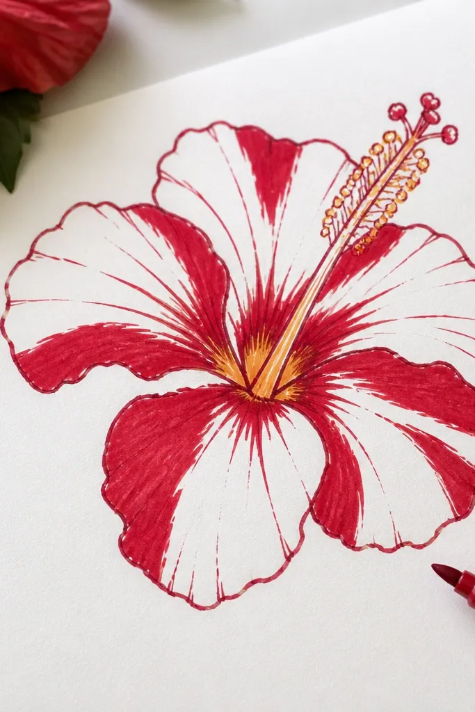 A hibiscus drawn with dark red outline only at first, then filled with red marker in select petal sections. Some petal areas are left white, and the center throat is yellow-orange with minimal shading.