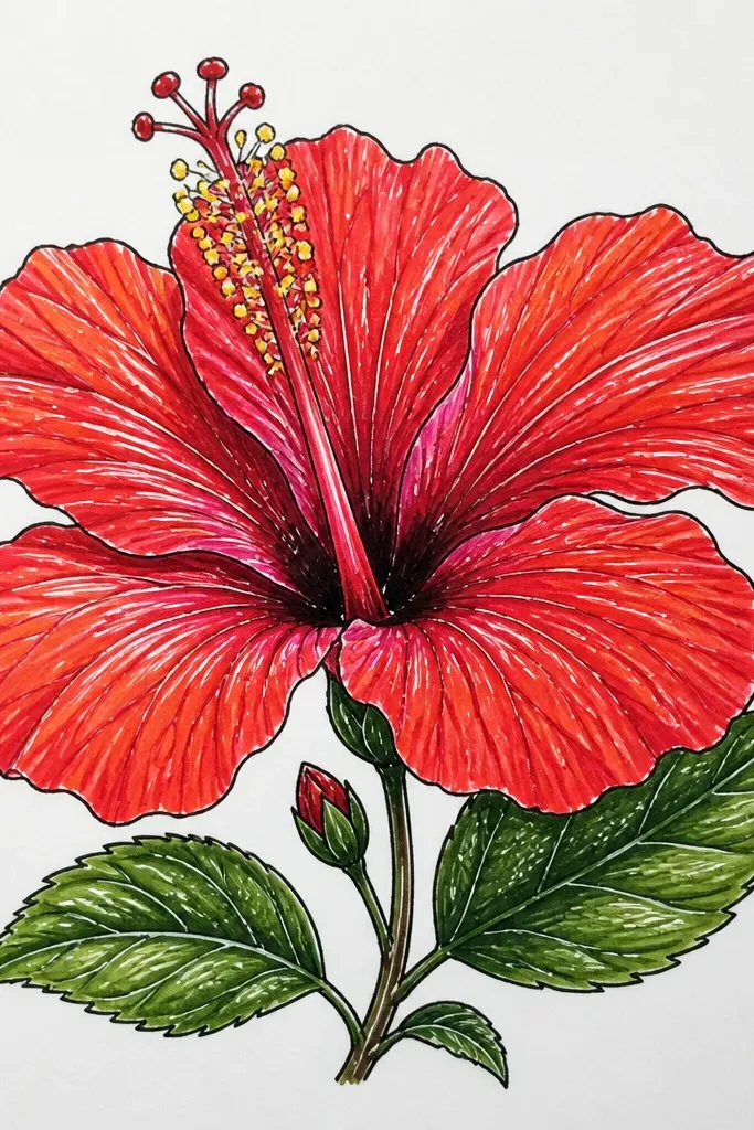 A red hibiscus where some highlight streaks look slightly raised and glossy. The petals are shaded with layered reds, and the raised white gel streaks catch light. The center throat is yellow-orange with tiny white dots near the rim.