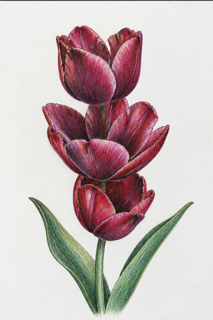Three red tulips stacked diagonally, each outlined in dark ink. Petals are filled with warm red mid-tones and wine-red shadow folds. The stems are thin and slightly curved, with a few simple leaves. Background is plain white with no wash.
