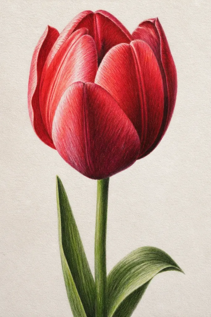 One tall red tulip centered on the page, tilted slightly to the right. The left side of each petal is brighter with white gel pen highlights, while the right side has deeper wine-red shadow. The stem is a simple line with a small leaf to the left. Background is a pale gray wash behind the flower.