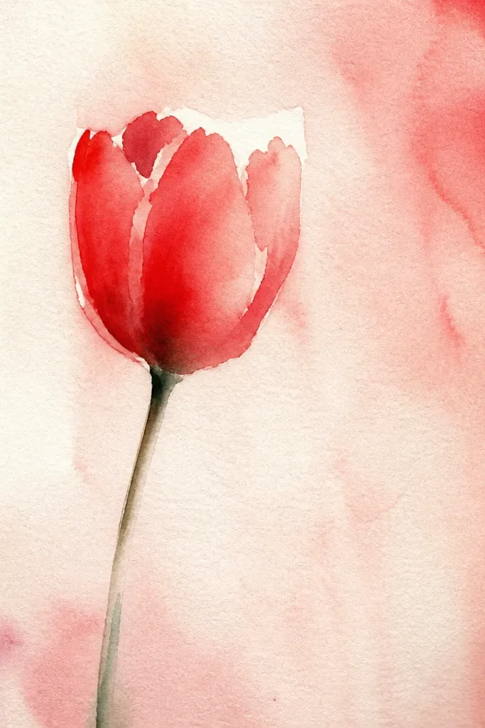 A red tulip with soft watercolor gradients. The outer petals have light red blooms at the edges, while the inner fold is darker. Dark ink lines segment the petals, especially near the center. Background has a light, watery green tint and a few speckled droplets.