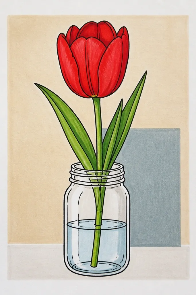 A mason jar drawn in outline with a single red tulip inside. The jar has a lid ring and highlights. Behind it are two simple background rectangles: one cream and one muted teal. The tulip petals have warm red mid-tones and a wine-red fold.