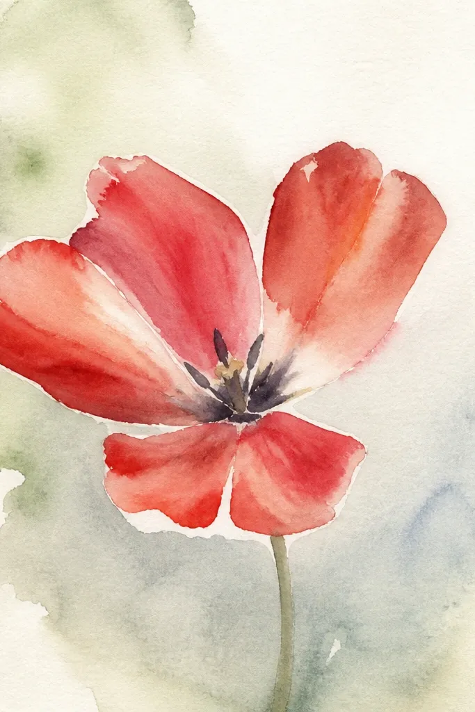 A tulip head drawn from above, opening like a fan. Petals radiate outward in a spiral pattern with warm red fills and wine-red inner shadows. The center has a darker red swirl and tiny white highlight specks. Background is off-white with faint pencil texture.