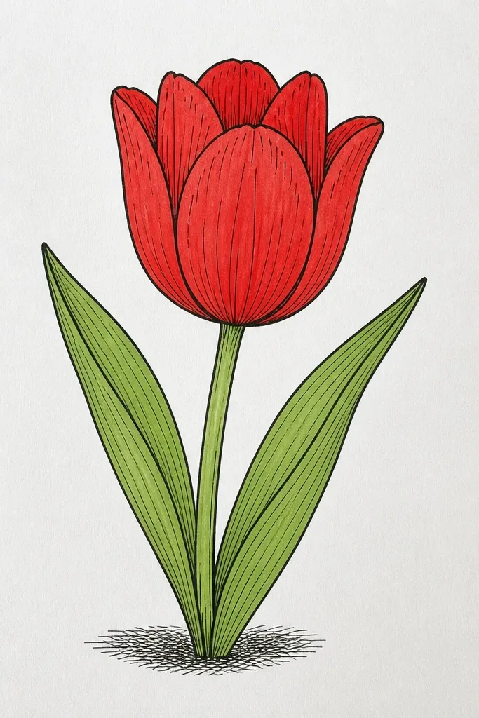 A tulip drawing with no full color fill. Petals are outlined in black ink, and the shading is done with cross-hatching. The stem and leaves are simple lines. A few red accents appear only in small areas near the center and fold lines. Background is white.