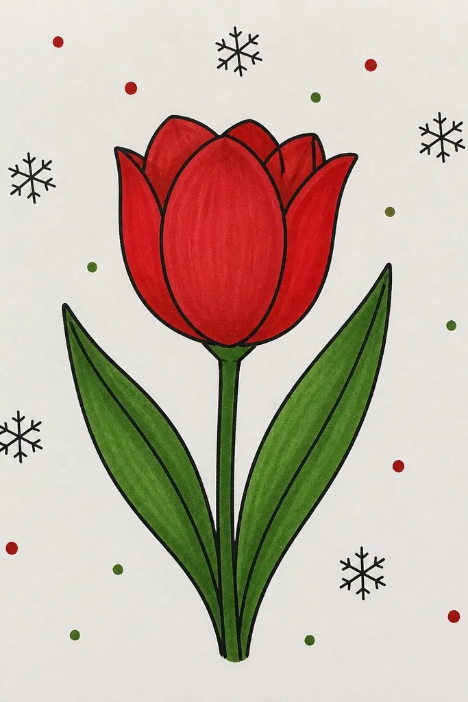 A red tulip centered with warm red mid-tones and wine-red fold shading. Behind it is a scattered pattern of small snowflake dots and tiny starbursts in light gray. The tulip has a dark outline and a few white highlight lines. Background remains light and airy.