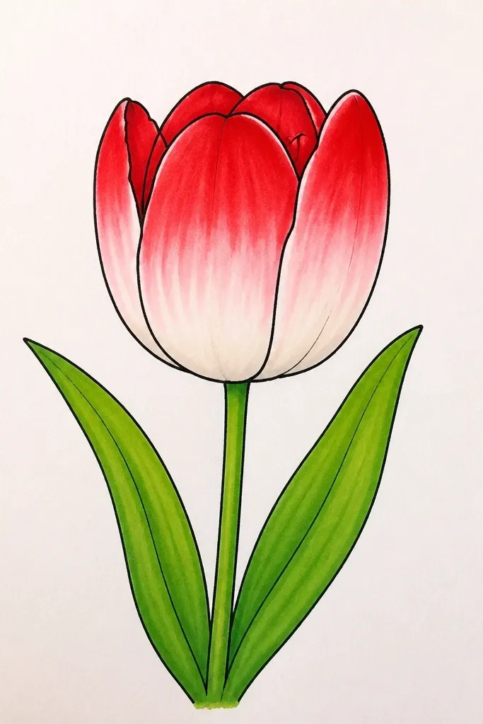 A tulip head filled with a smooth red ombre that fades from deep wine at the center to brighter warm red at the outer petals. The outline is dark and crisp. The stem is a muted green line with a single leaf. Background is plain white.
