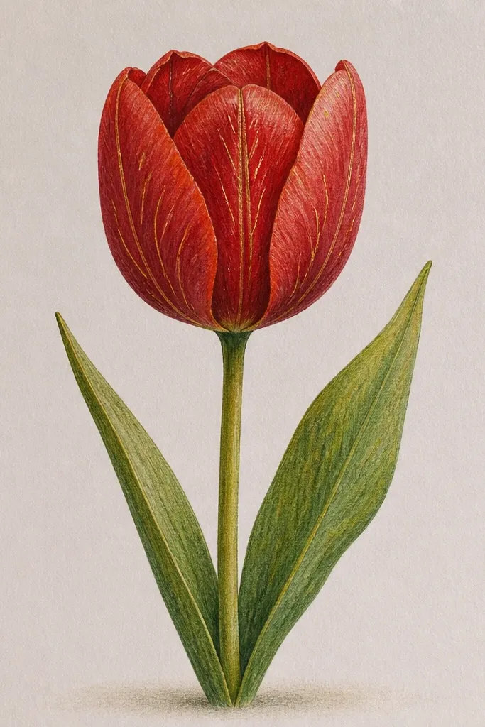 A red tulip with warm red petals and darker wine-red shadow folds. Fine vein lines run from the center toward the petal edges in gold gel pen. The stem has a few gold accent lines too. Background is cream with a faint light wash.