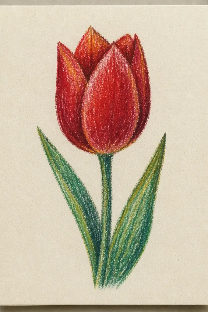 A small tulip icon drawn with thick outer outline and very few interior lines. Petals are filled with a single warm red flat color. The stem is a simple single line with one tiny leaf. Background is white with no extra elements.