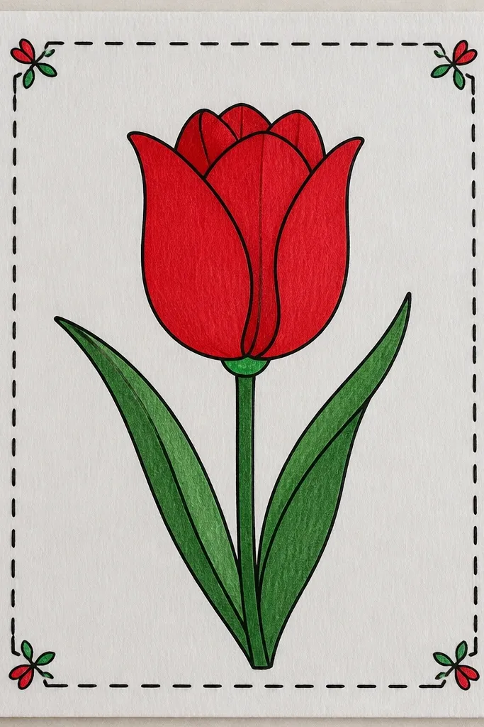 A red tulip centered inside a rectangular border drawn with faux embroidery stitches. The tulip has warm red petals and wine-red shadow folds, plus white gel highlights. The border is stitched in muted red and cream thread-like lines. Background is off-white.