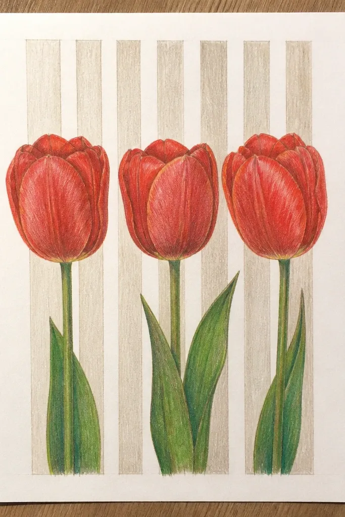 A row of five red tulips with consistent spacing, each with warm red petals and wine-red fold shading. Stems are thin and slightly varied in angle. The background has diagonal stripes in cream and pale red. White gel highlights appear on each tulip petal edge.