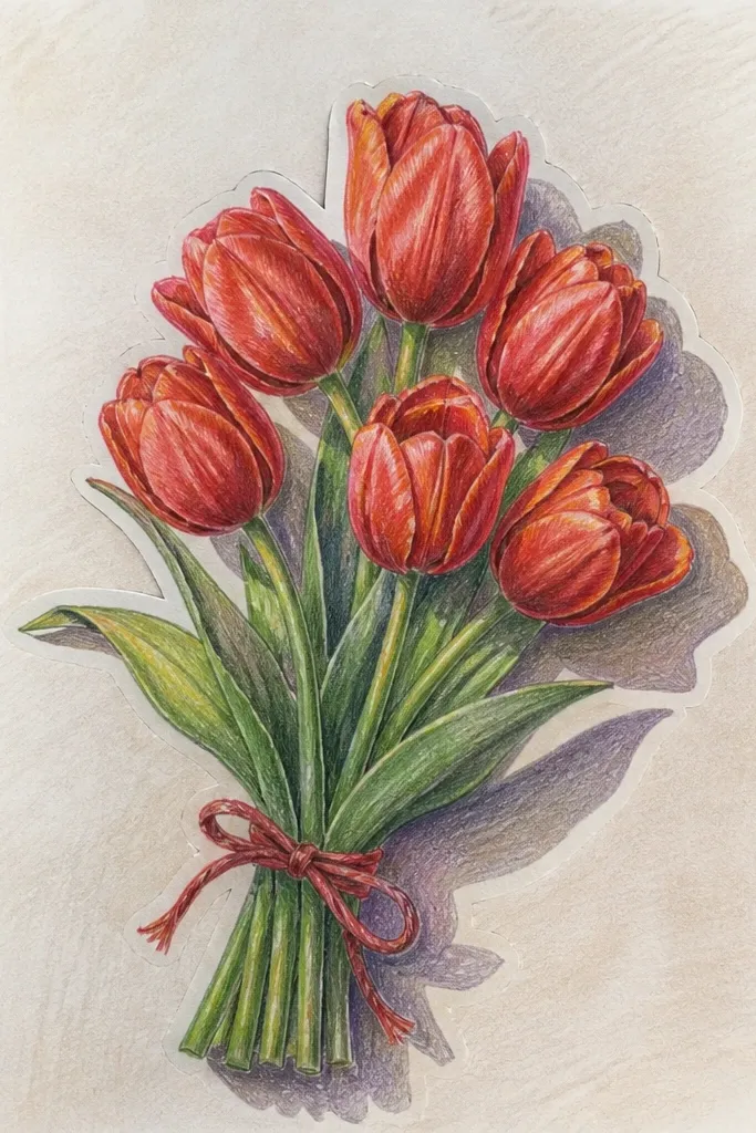 A bouquet of three red tulips layered like cut paper. Each tulip has a slightly offset shadow in dark gray behind it. Petals are warm red with wine-red folds, and edges are crisp with a thin outline. Background is white.