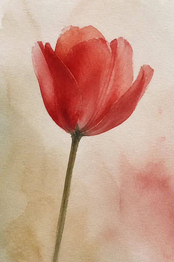 A red tulip with warm red petals filled with stippling dots. Wine-red shadow areas have denser dot clusters. The background has a soft watercolor wash in pale blue-gray. The stem and leaf are lightly sketched. White gel highlights are small and placed on the brightest petal edges.