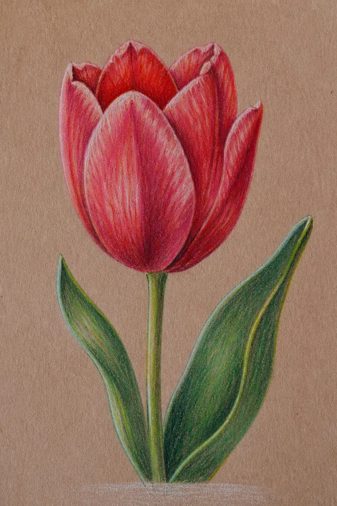 A single red tulip drawn on kraft brown paper. Petals are warm red with deeper wine-red fold shading. Highlights are drawn with white chalk that looks slightly smudged. The outline is a dark brown pen. Background is plain kraft.