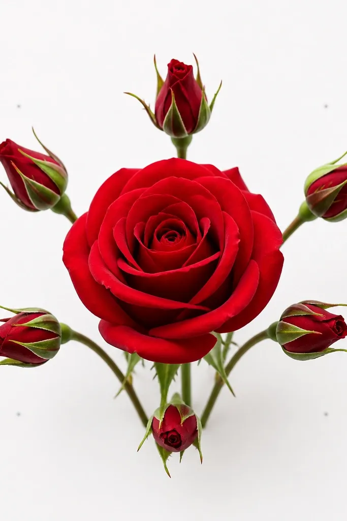 A centered single red rose with layered petals, surrounded by six small closed buds in a loose circle. Stems dip slightly downward, and the background is clean white with a few light pencil guideline dots.