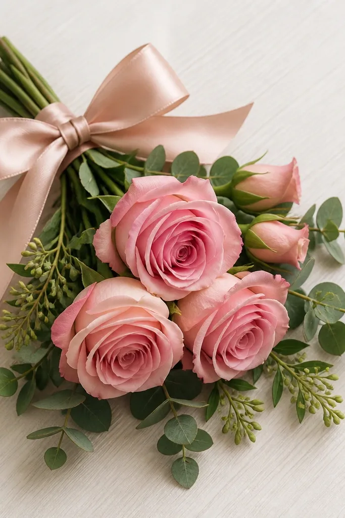 A bouquet tied with a ribbon bow at the top. Three roses sit in a slanted cluster, with two buds tucked behind. The ribbon loops are drawn with clean folds, and the background has faint diagonal pencil lines.