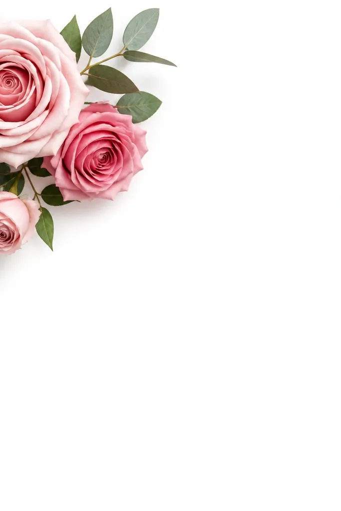 Three roses arranged in the top-left corner, angled diagonally toward the center of the page. Each rose has a different size, with small leaves filling the space. The rest of the page is mostly white.