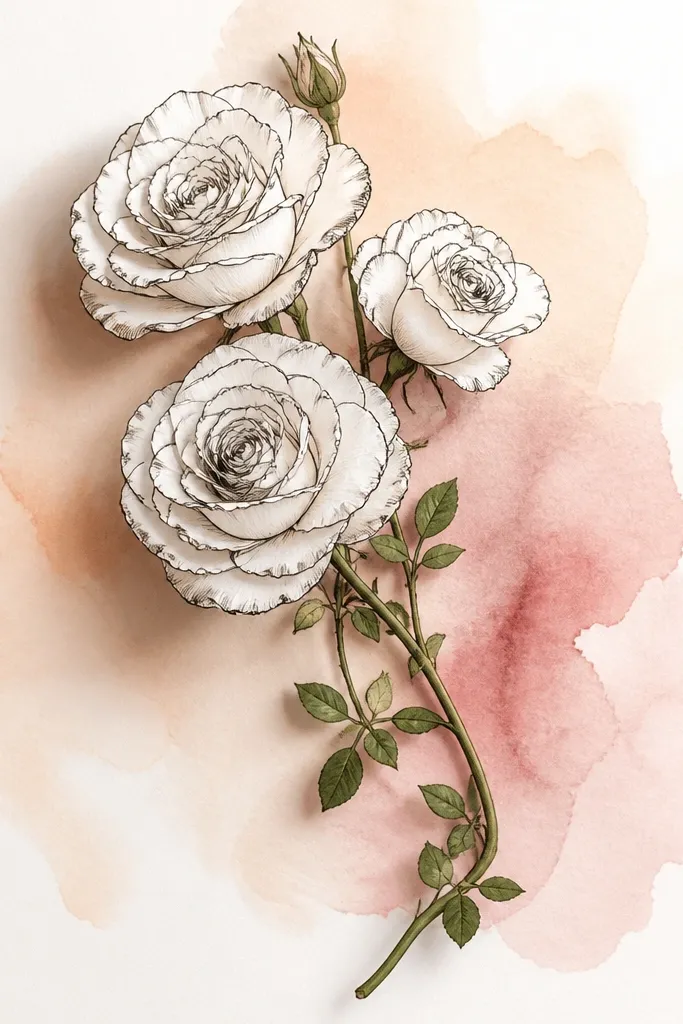 Loose watercolor wash behind the bouquet in pale peach and dusty rose. The roses are drawn with crisp black linework and petal edges, with minimal shading. Tiny green leaves sit along a curved stem.