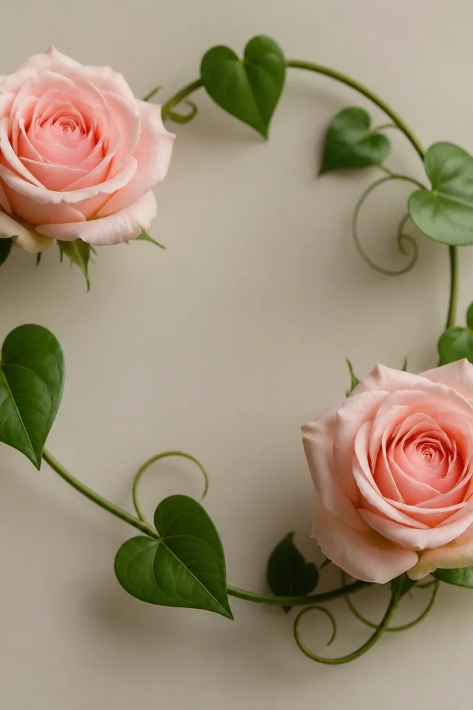 Two roses connected by a looping vine. Leaves are drawn as hearts with a center vein. The vine wraps around the roses like a wreath segment.