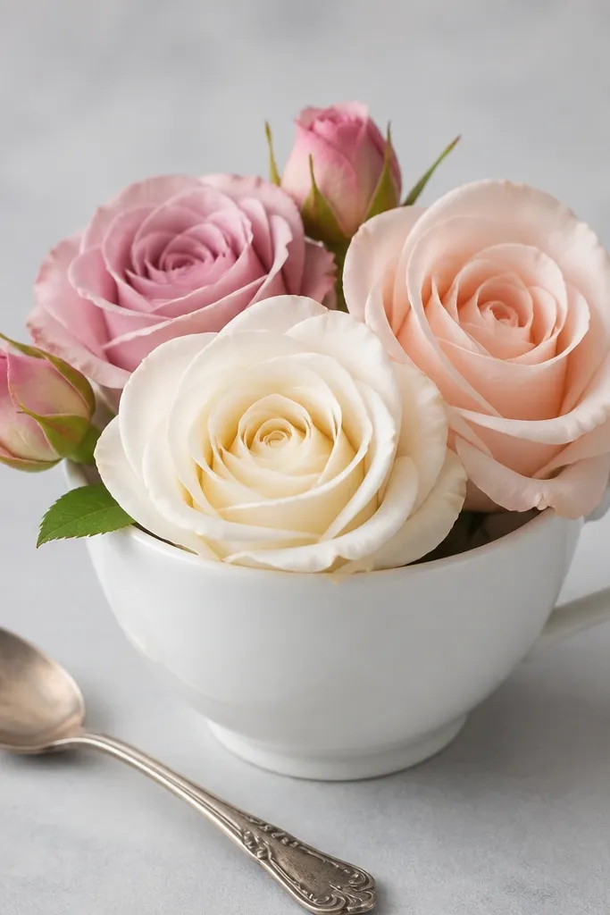 A simple teacup with a handle on the right, filled with three roses and two buds. A spoon rests beside the cup. The background is a clean light gray wash.