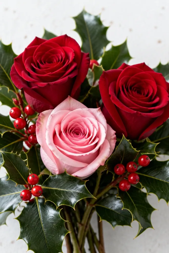 A winter bouquet with two red roses and one pink rose, surrounded by green holly leaves with jagged edges and small red berries. The background is white with light speckles.