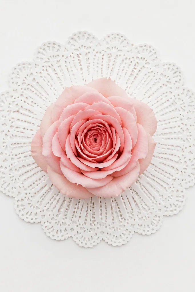 A single rose in the center with detailed petals, sitting on a white doily shape. The doily has radiating cut-out lines like lace. The rest of the page is blank.