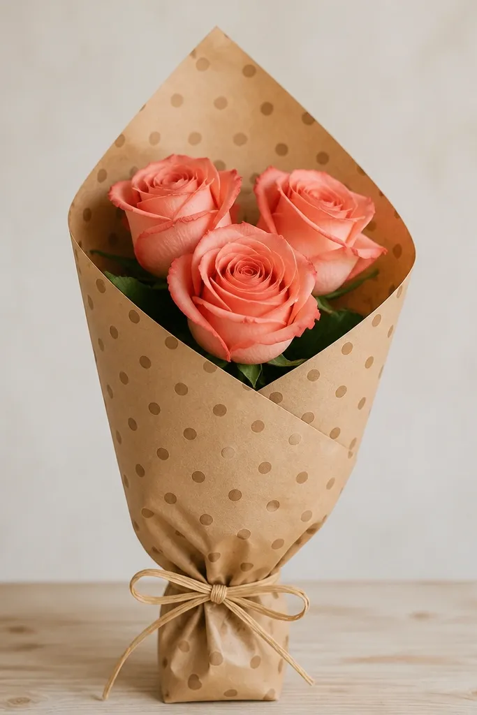A bouquet wrapped in paper with a diagonal wrap and a polka dot pattern. Three roses peek out from the top opening. The wrap paper is light brown with darker dot circles.