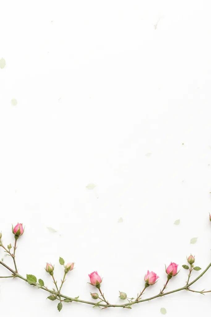 A thin branch line running along the bottom and sides, with tiny rose buds sprouting upward like a border. The background is white with a few faint leaf marks.