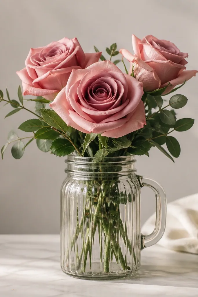 A mason jar with vertical ridges, filled with a rose bouquet. Three roses rise above the jar rim, with leaves tucked behind. The jar has a simple handle line and a lid outline.