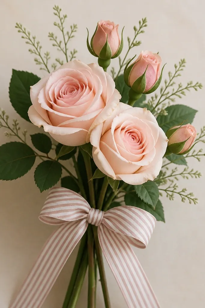 A bouquet tied with a ribbon that has alternating thin stripes. Two roses and three buds sit above the ribbon knot. The ribbon is drawn with clean lines and diagonal stripe placement.