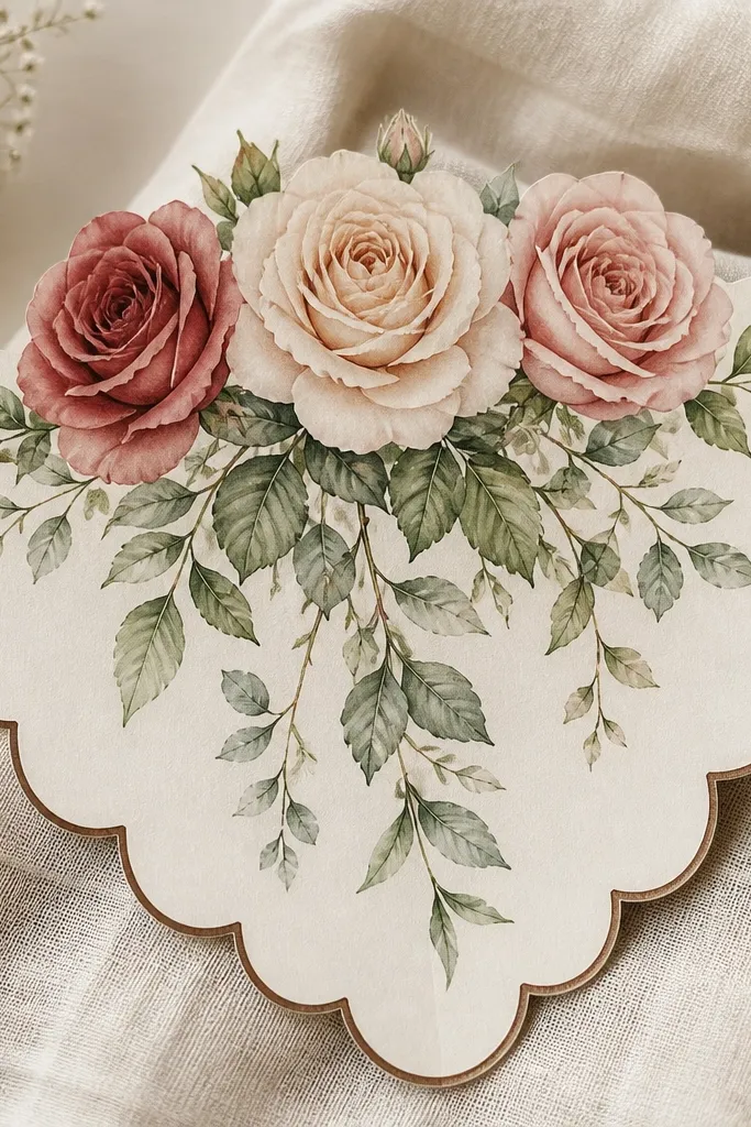 A bouquet drawn on a scalloped paper shape like a folded card border. Three roses sit near the top, with green leaves spilling down toward the scallops. The scalloped edge is outlined in brown.