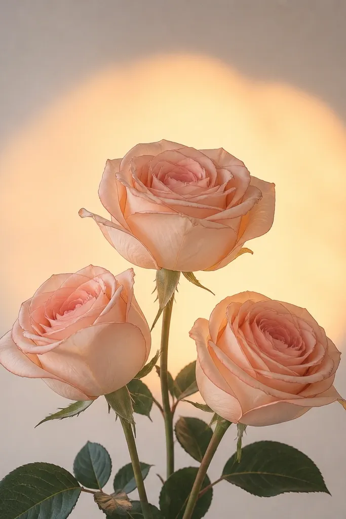 A bouquet of three roses with a soft glowing circle behind them, like candlelight. The glow is pale yellow and peach with irregular edges. The roses are outlined and lightly shaded.