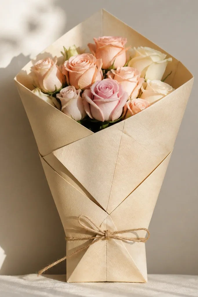 A bouquet wrapped in paper with folded corner triangles, like an origami package. Roses peek from the top opening. Fold lines are drawn as light pencil creases with a few darker edges.