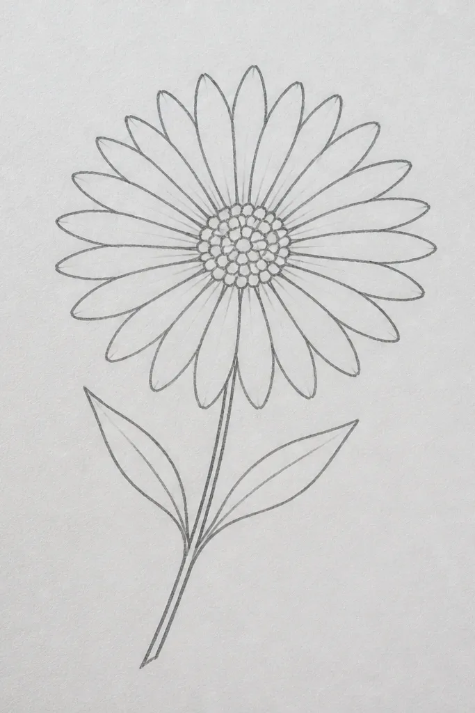 A single purple aster centered on white paper. The petals are small teardrops arranged in a loose ring around a yellow-orange dot center. A thin green stem curves slightly left, with one simple leaf shape on the right.