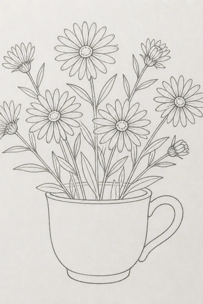 Three asters grouped tightly inside a simple white paper cup with a faint gray outline. The flowers are purple, pink, and blue with yellow centers. Stems curl upward and disappear behind the cup rim.
