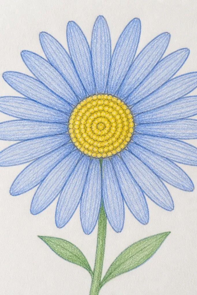 A blue aster with a yellow center made of tiny dots arranged in a spiral pattern. Petals are short curved strokes around the center. A pale teal background wash sits behind the flower.