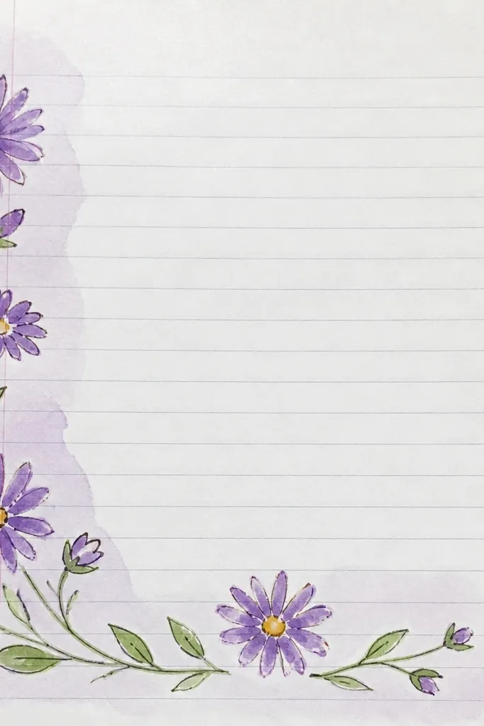 A thin decorative border made of small asters along the top edge of lined notebook paper. Each flower has a tiny yellow center and purple petals. The border repeats every few centimeters.