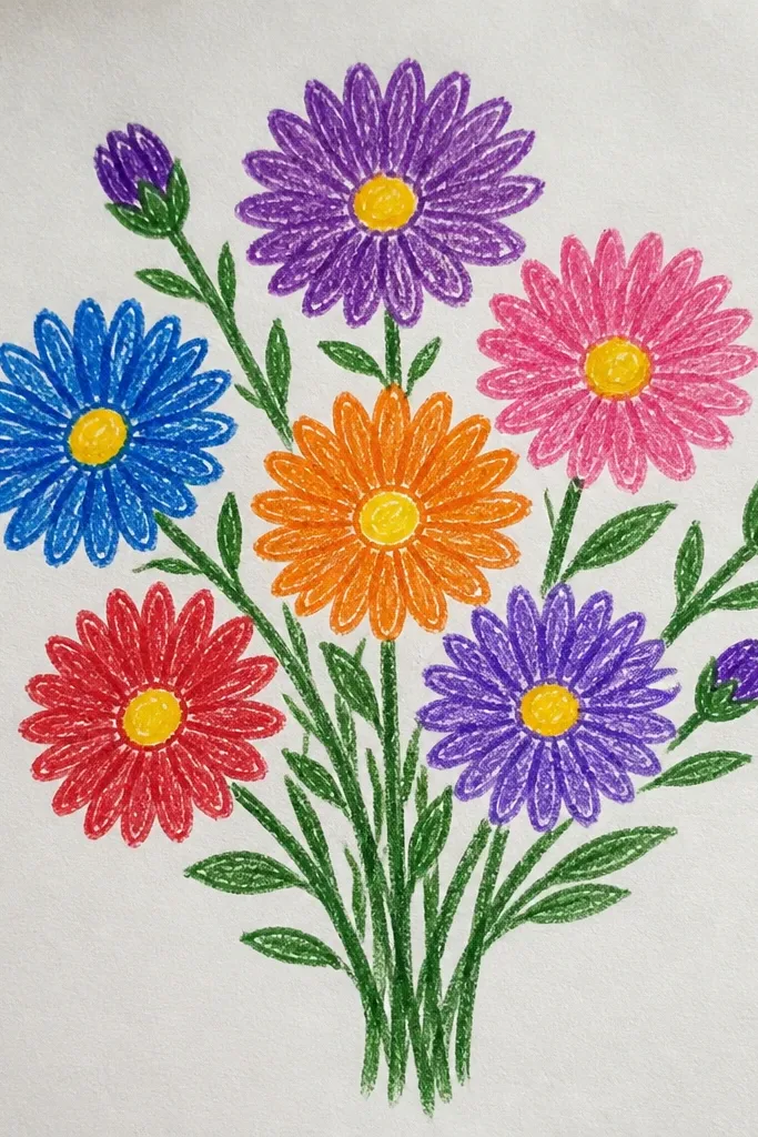 A hand-drawn bouquet of asters with staggered petal rings. Each flower has a yellow center and two layers of petals: inner petals look smaller and the outer petals look wider. Stems overlap and crisscross slightly.