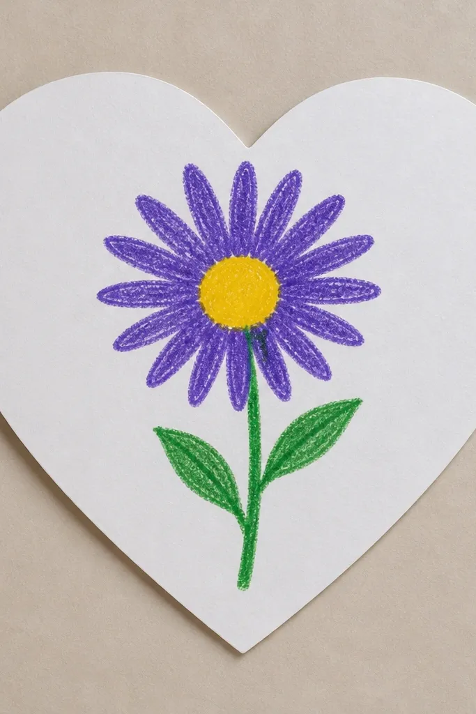 A small heart-shaped card with a tiny purple aster in the center. The petals are short strokes, and the center is a cluster of dots. A faint green stem curves upward from the bottom of the heart.