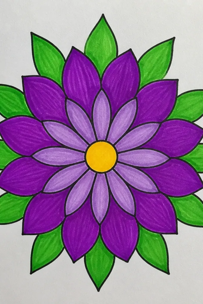 A radial design with one main aster in the center and smaller aster-like petal groups around it. Petals form a circular pattern like a simple mandala. The center is yellow with orange dots.