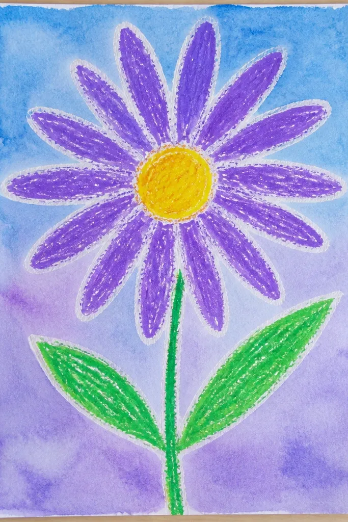 A purple aster outlined with crayon. The petals are visible because a watercolor wash was painted over the paper, leaving the crayon lines lighter. The center has orange and brown dots.
