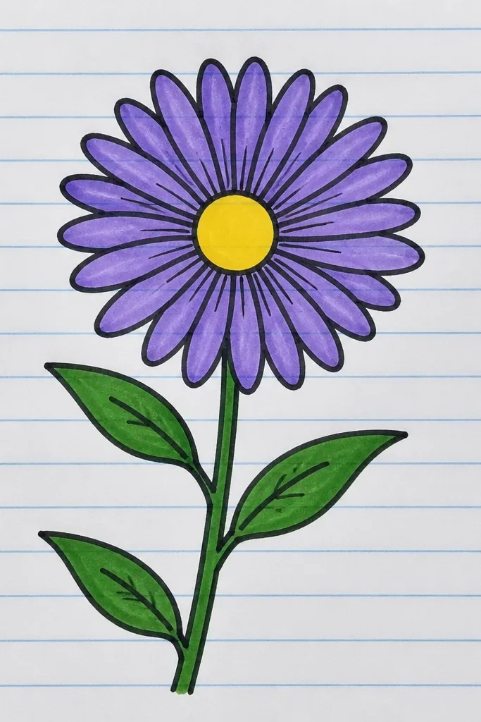 A purple aster drawn on paper with thin horizontal stripes in pale green and cream. The flower stands out with a yellow-orange center and a single green stem.