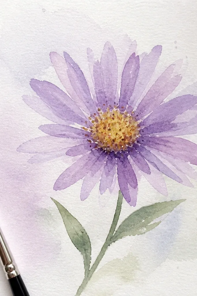 A single aster with purple petals and a center shaded with stippling dots. The center is not a filled circle; it's built from many small dark dots. A small green leaf sits near the stem.